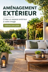 Aménagement extérieur avec un coin détente et des plantes fleuries