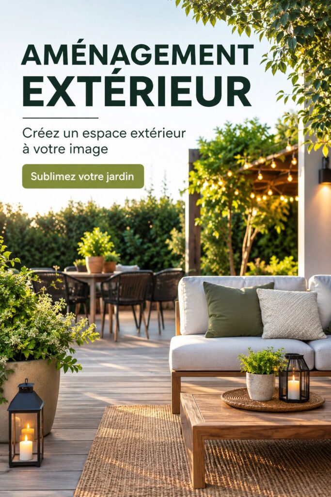 Aménagement extérieur avec un coin détente et des plantes fleuries
