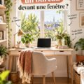 Bureau aménagé devant une fenêtre avec vue sur la nature.