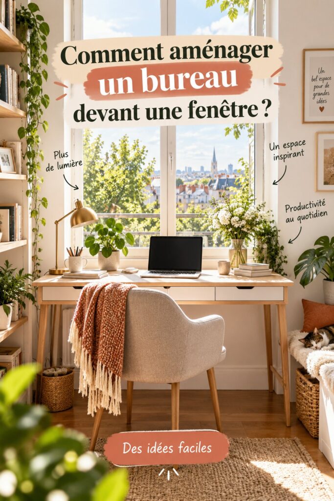 Bureau aménagé devant une fenêtre avec vue sur la nature.