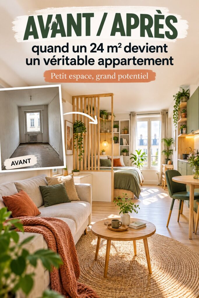 Avant/après d'un 24 m² rénové en appartement accueillant