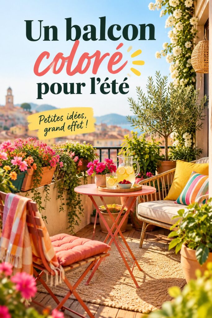 Balcon coloré avec des fleurs et des meubles d'extérieur sous le soleil d'été.