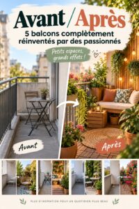 Un beau balcon transformé avec des plantes vertes et du mobilier confortable.