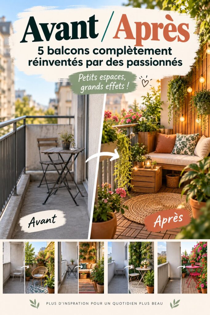 Un beau balcon transformé avec des plantes vertes et du mobilier confortable.