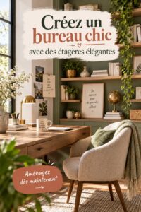 Un bureau chic avec des étagères élégantes en bois et des accessoires de décoration