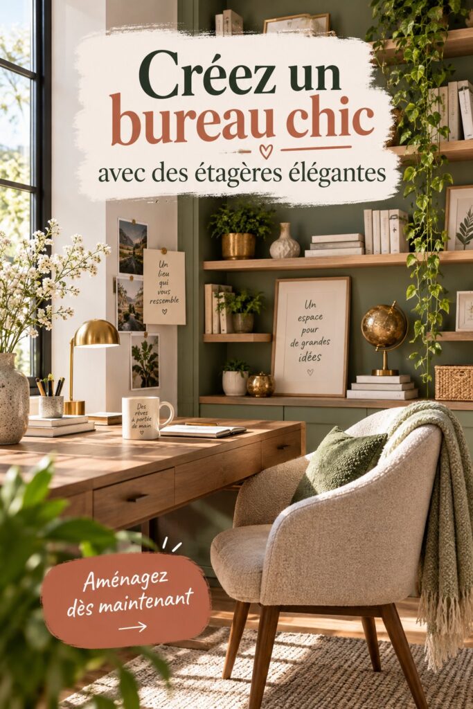 Un bureau chic avec des étagères élégantes en bois et des accessoires de décoration
