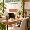Un bureau élégant et apaisant avec des plantes et des accessoires de décoration.