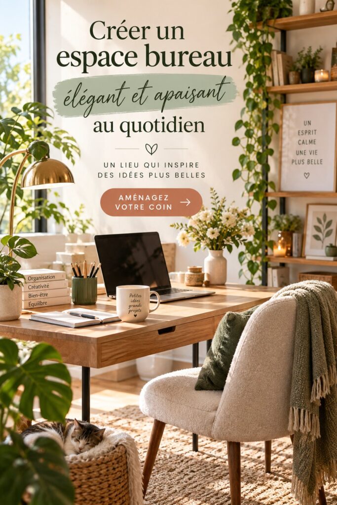 Un bureau élégant et apaisant avec des plantes et des accessoires de décoration.