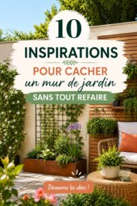 Aperçu d'un joli jardin avec un mur caché par des plantes grimpantes et des décorations en bois.