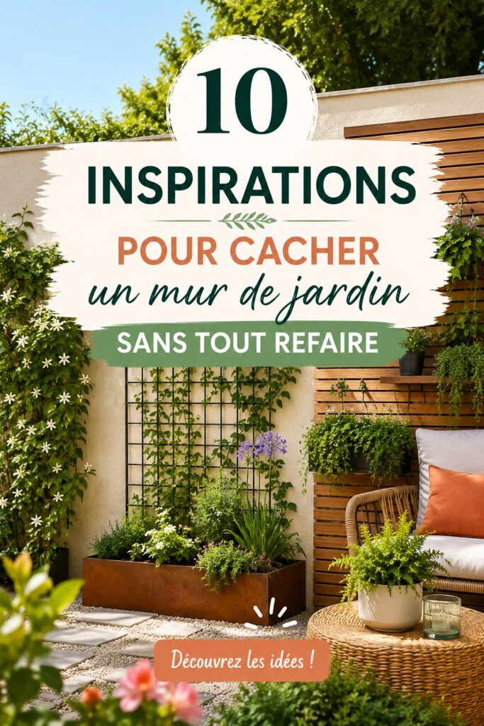 Aperçu d'un joli jardin avec un mur caché par des plantes grimpantes et des décorations en bois.