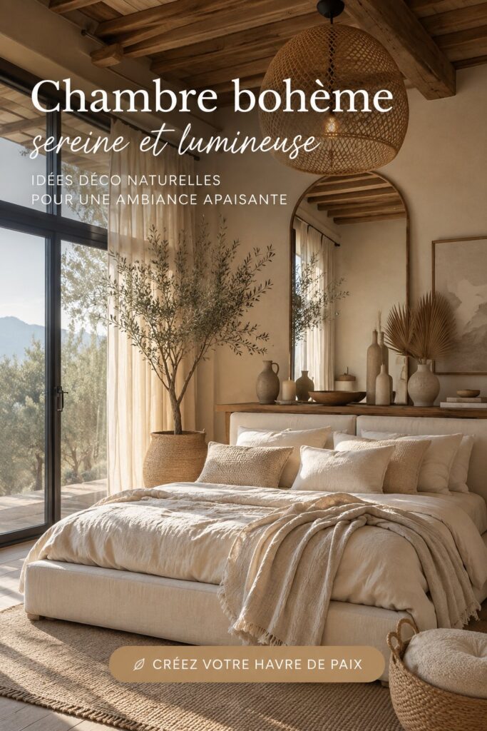 Chambre boho lumineuse avec des éléments naturels et une décoration chaleureuse