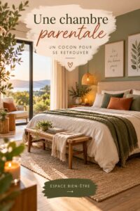 Chambre parentale chaleureuse avec des couleurs neutres et des accessoires comfortables.