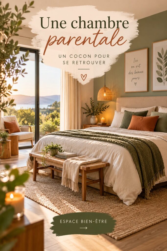 Chambre parentale chaleureuse avec des couleurs neutres et des accessoires comfortables.