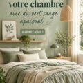 Chambre décorée en vert sauge apaisant avec des coussins et des rideaux assortis.