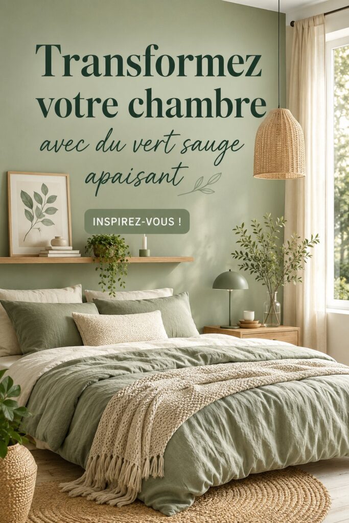 Chambre décorée en vert sauge apaisant avec des coussins et des rideaux assortis.