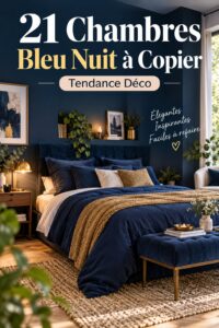 Chambre élégante dans des tons de bleu nuit avec une literie chic.