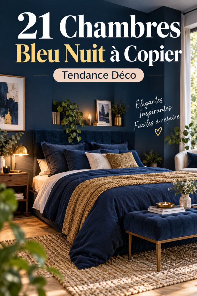 Chambre élégante dans des tons de bleu nuit avec une literie chic.