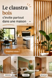 Un claustra en bois stylé délimitant deux espaces dans un intérieur moderne.
