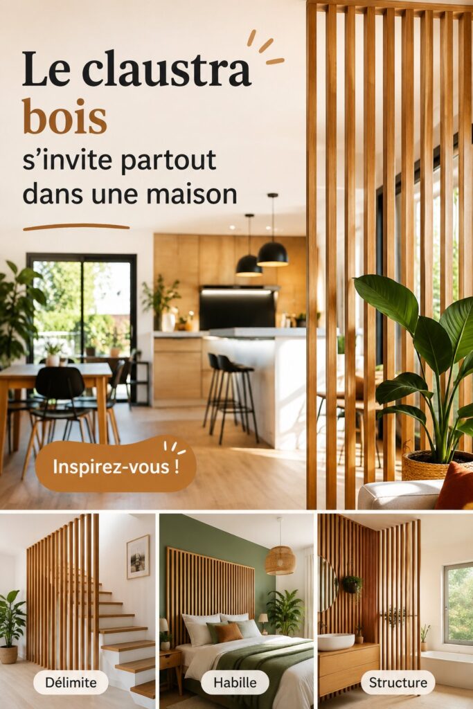 Un claustra en bois stylé délimitant deux espaces dans un intérieur moderne.