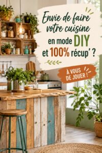 Cuisine rénovée en mode DIY avec des éléments récupérés et des décorations créatives.