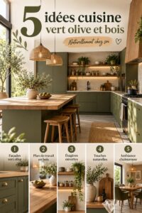 Cuisine moderne décorée en vert olive et bois chaud, créant une atmosphère naturelle.