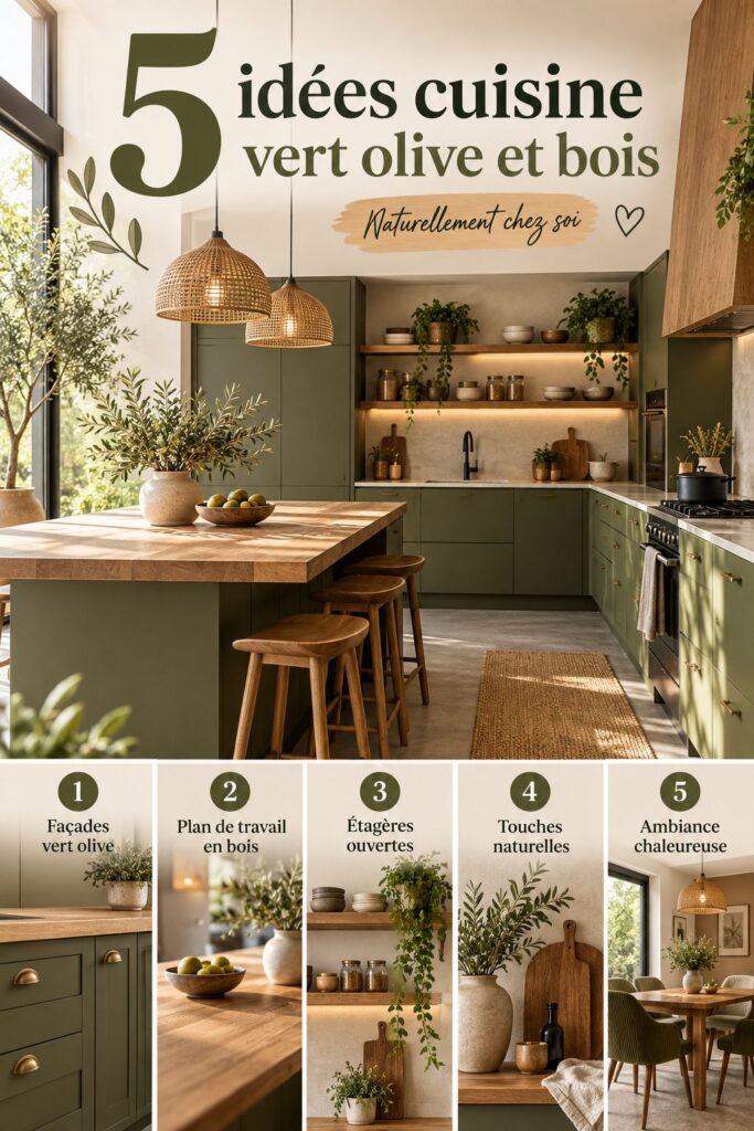 Cuisine moderne décorée en vert olive et bois chaud, créant une atmosphère naturelle.