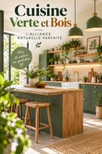 Cuisine en bois avec des plantes offrant une ambiance naturelle accueillante.