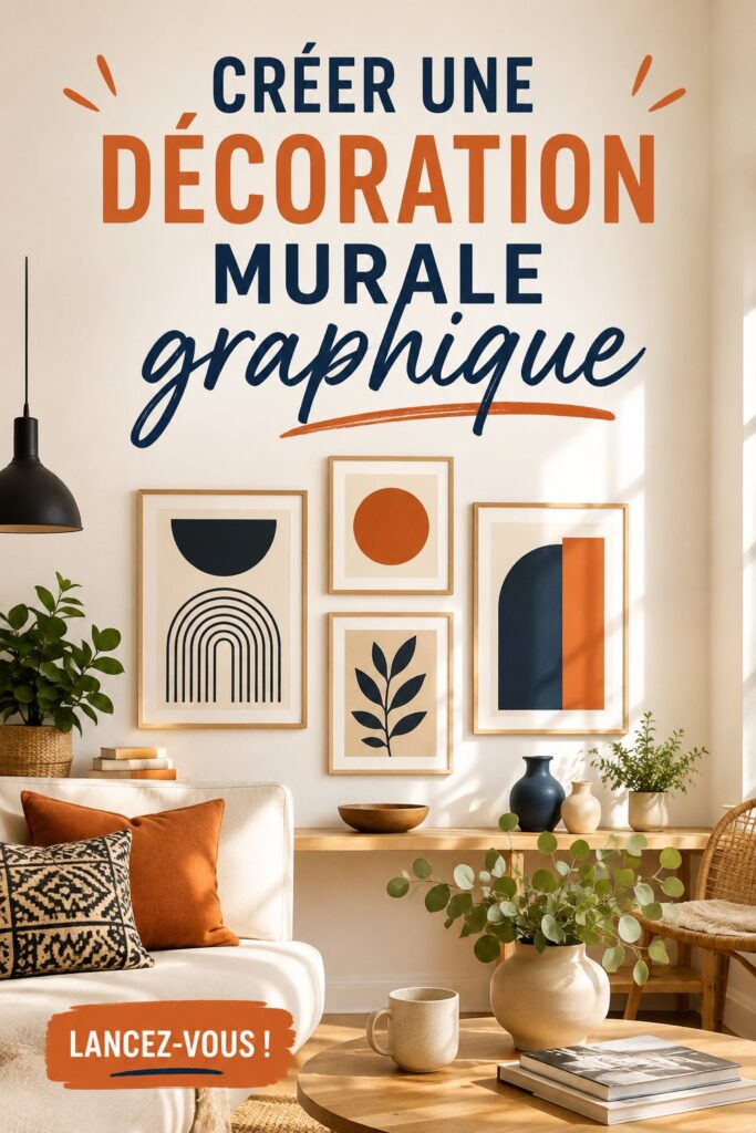 Décoration murale graphique dans un salon moderne, ajoutant une touche créative à l'intérieur