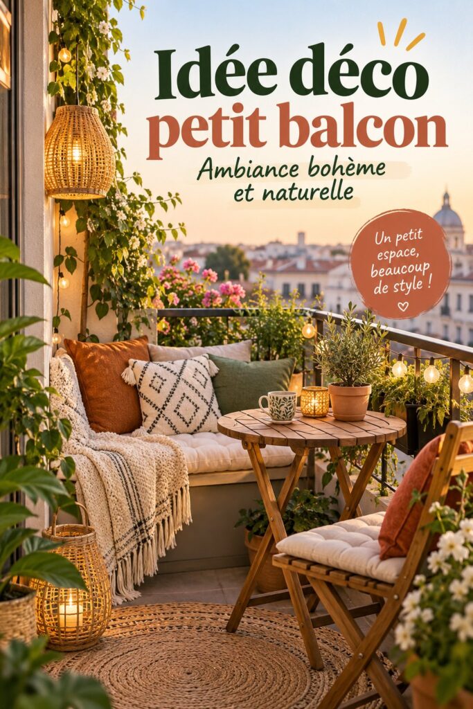 Balcon décoré dans un style bohème avec des plantes et des coussins