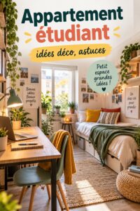 Un appartement étudiant décoré avec goût et style, mettant en avant des éléments chaleureux et pratiques.