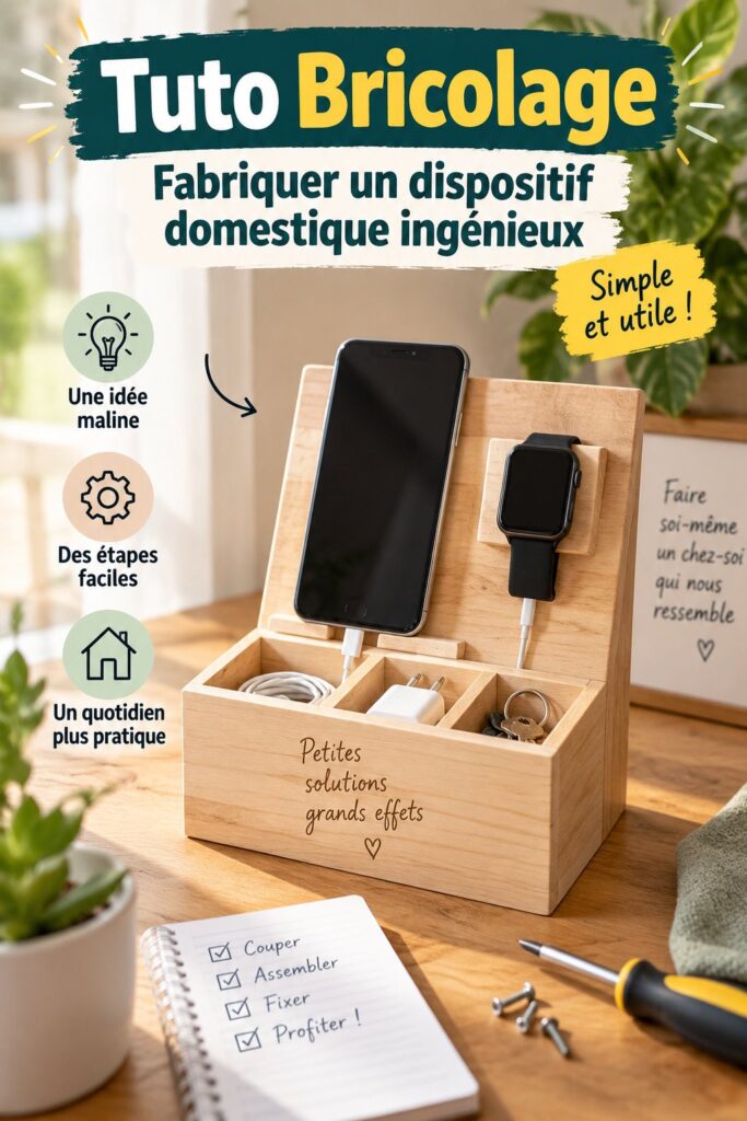 Un bricoleur fabriquant un dispositif domestique ingénieux avec des outils simples.
