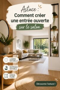 Entrée ouverte sur le salon avec un décor chaleureux et élégant