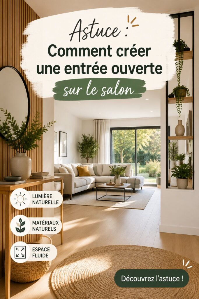 Entrée ouverte sur le salon avec un décor chaleureux et élégant