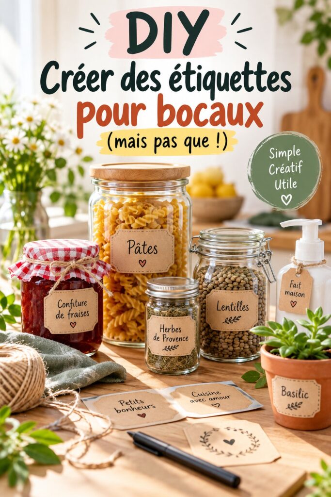 Étiquettes personnalisées sur des bocaux de cuisine bien organisés
