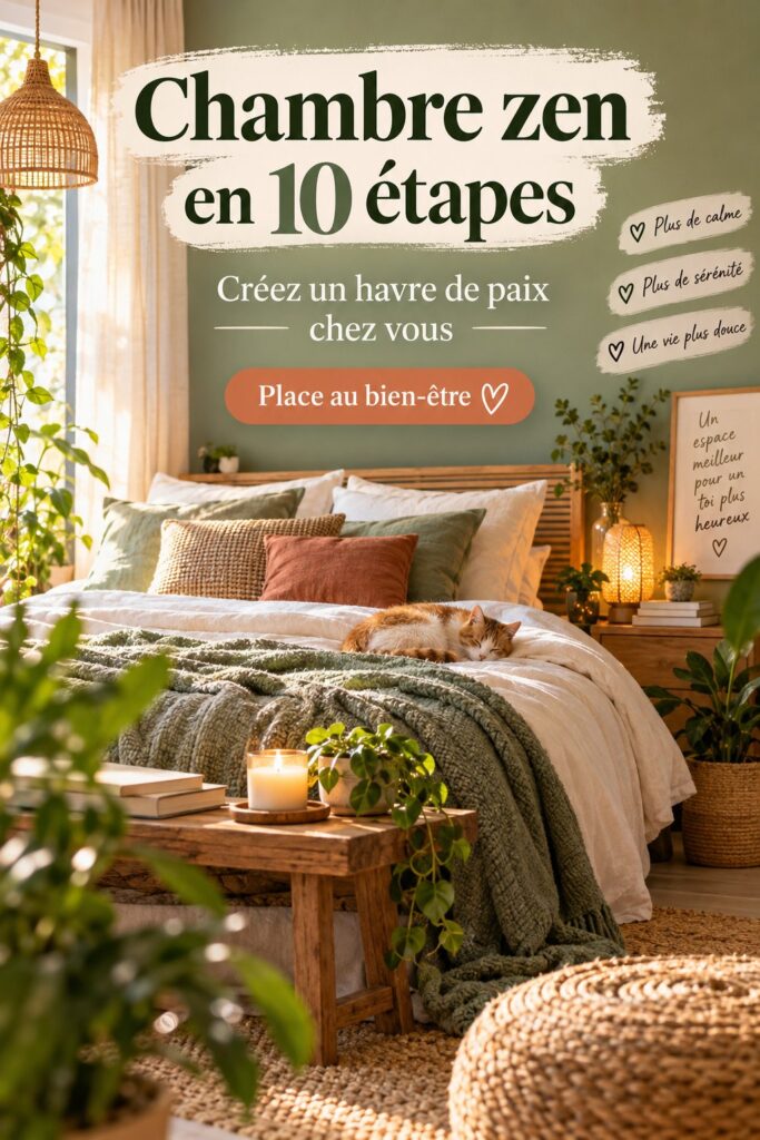 Une chambre zen décorée avec des couleurs apaisantes et des plantes vertes.