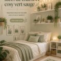 Chambre avec des murs vert sauge et des accessoires en textile doux, créant une ambiance cosy.