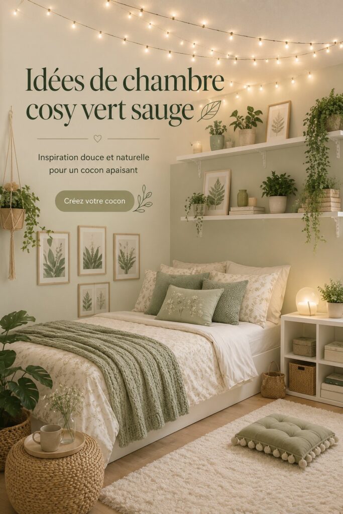 Chambre avec des murs vert sauge et des accessoires en textile doux, créant une ambiance cosy.