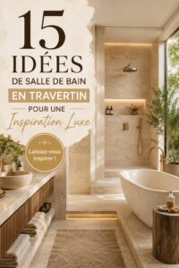 Salle de bain élégante en travertin avec éclairage doux et décoration raffinée