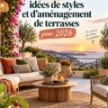 Une terrasse élégamment aménagée pour des repas en extérieur avec différents styles de chaises et de décorations.
