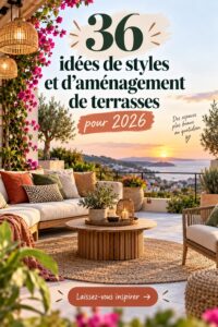 Une terrasse élégamment aménagée pour des repas en extérieur avec différents styles de chaises et de décorations.