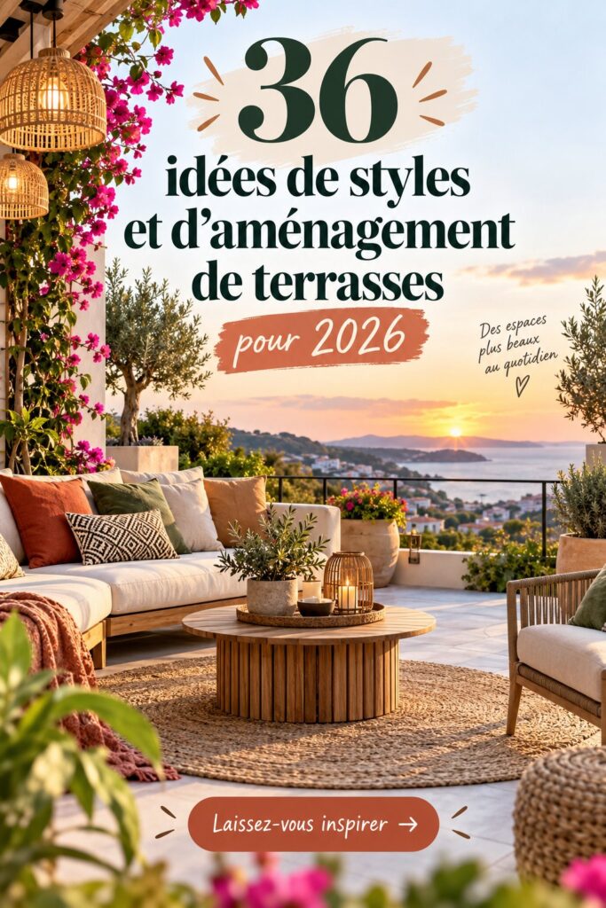Une terrasse élégamment aménagée pour des repas en extérieur avec différents styles de chaises et de décorations.