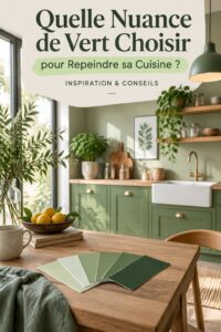 Cuisine peinte en vert sauge avec des accents en bois.