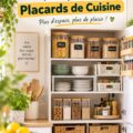 Placard de cuisine bien organisé avec des étagères et des accessoires de rangement.