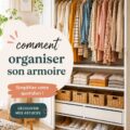 Armoire de rangement bien organisée avec des vêtements pliés et suspendus.