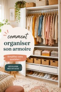 Armoire de rangement bien organisée avec des vêtements pliés et suspendus.