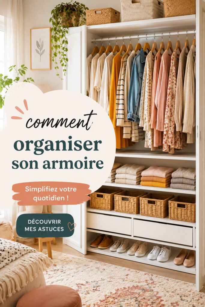 Armoire de rangement bien organisée avec des vêtements pliés et suspendus.