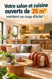 Salon et cuisine ouverts de 25m2 modernisés avec des meubles pratiques et une décoration chaleureuse.