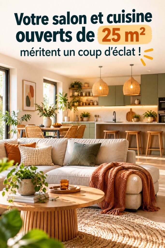 Salon et cuisine ouverts de 25m2 modernisés avec des meubles pratiques et une décoration chaleureuse.