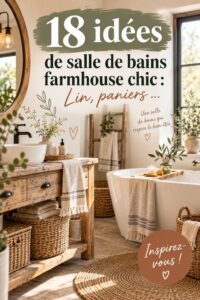 Salle de bains farmhouse chic avec des matériaux naturels et des paniers en osier.