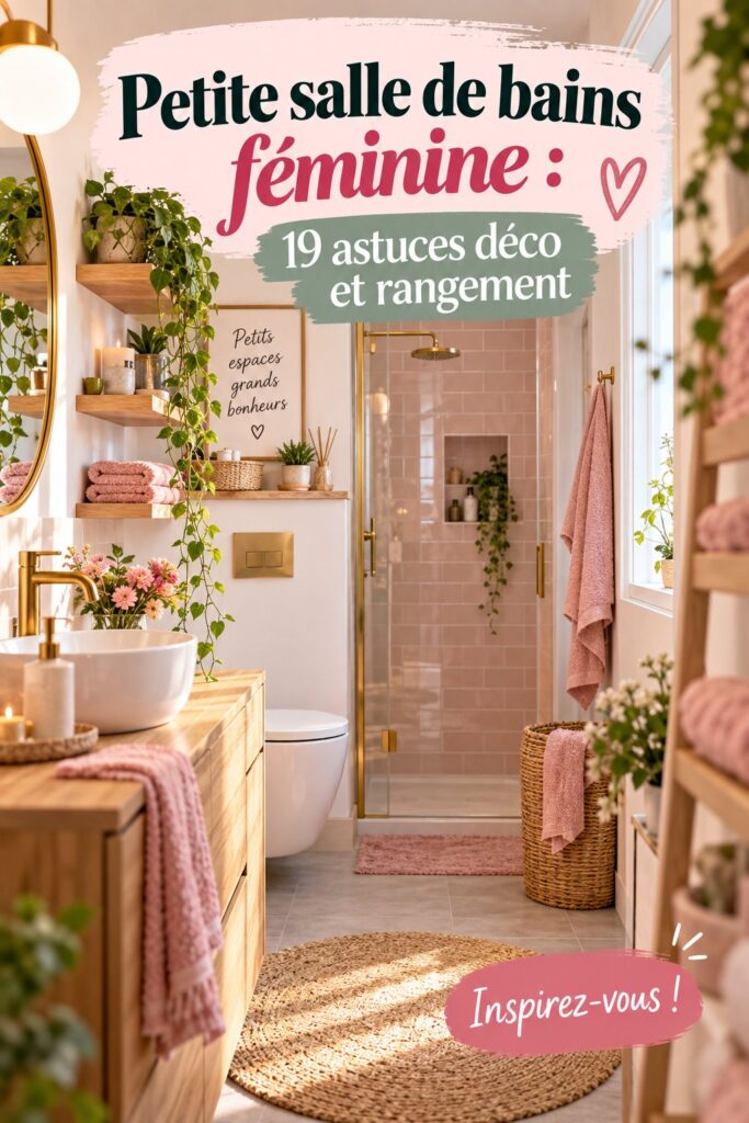 Petite salle de bains décorée avec des accessoires féminins et des rangements optimisés.